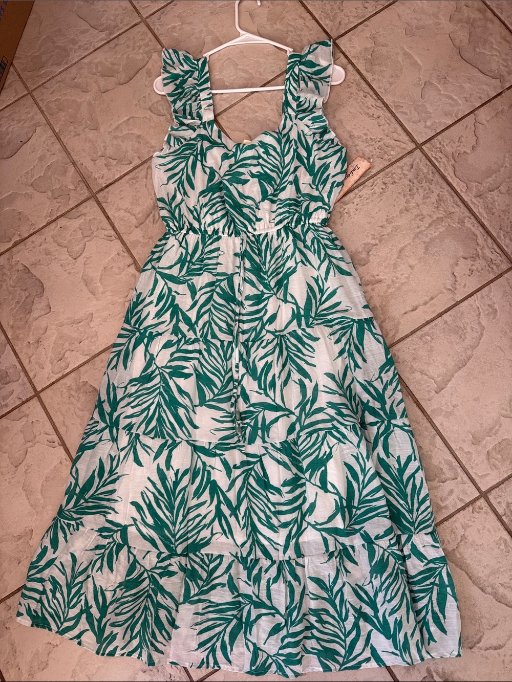 White Maxi Dress with Green Leaf Print and Ruffled Straps
